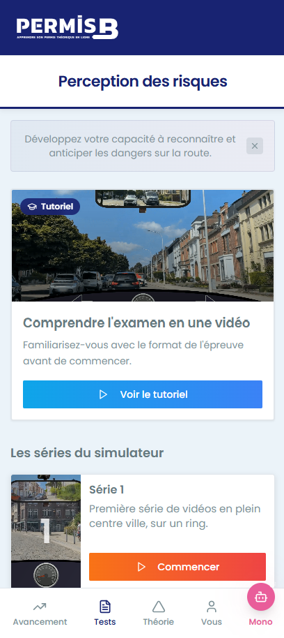 Application mobile Permis-B — exercice de perception des risques sur smartphone